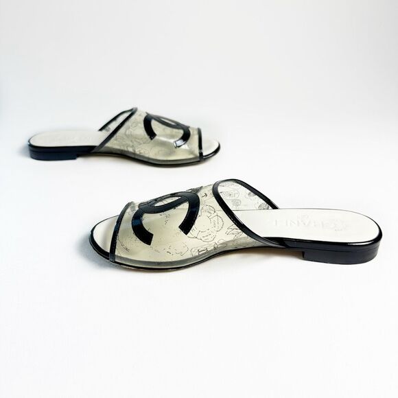 CHANEL Black White CC Sandals Size 38 US 7.5 Open Toe Flat Mules Clear PVC Print - Picture 8 of 11